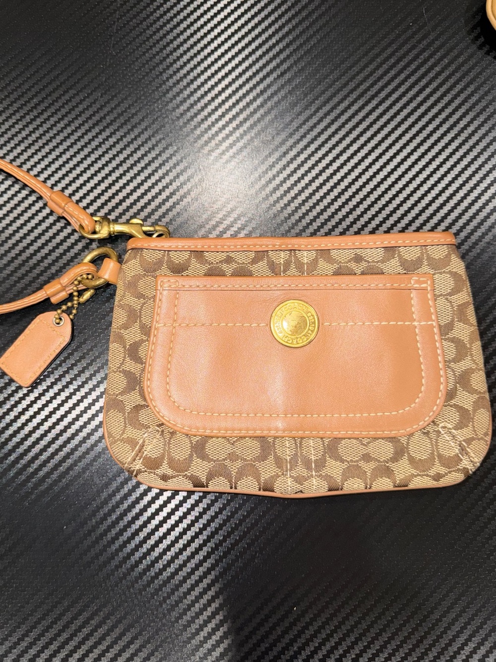 Coach Brown Signature Canvas Wristlet with Tan Leather Trim